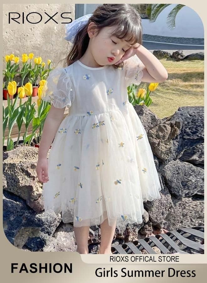 Toddler Girls Tutu Dress, Summer Fluffy Puff Sleeve A-Line Tulle Dress for Kids Girls, Breathable Short Sleeve Mesh Gauze Dresses, Elegant Princess Dress with Embroidery for Baby Girls, for Party Wedding or Performance