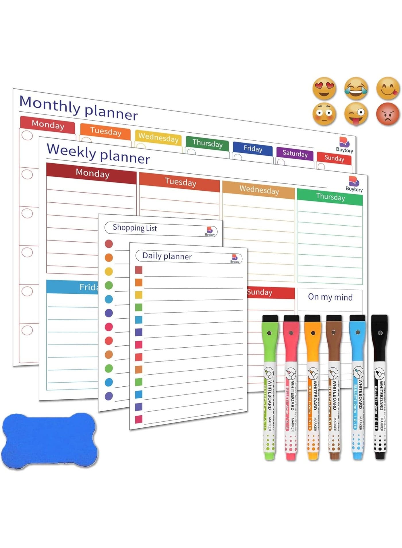 Magnetic Dry Erase Calendar Set for Fridge | Monthly, Weekly & Daily Planner with Meal Planner | 6 Fine Tip Markers, Magnetic Buckles & Eraser | Home & Office Organizer