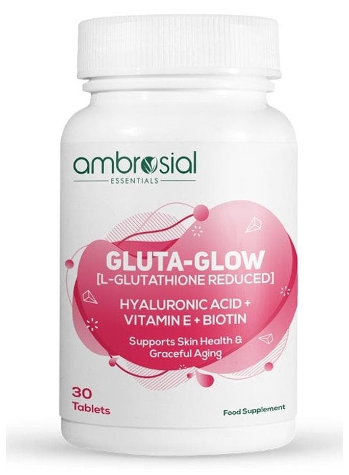 Ambrosial Gluta-Glow L-Glutathione 500mg Tablets with Vitamin C, Vitamin E, Hyaluronic Acid, Lycopene & Biotin – Japanese L Glutathione Supplement – 30 Vegan Tablets