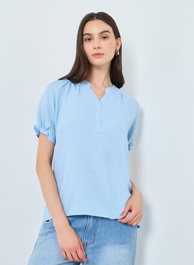 Take Two Solid V-Neck Puff Sleeve Blouse