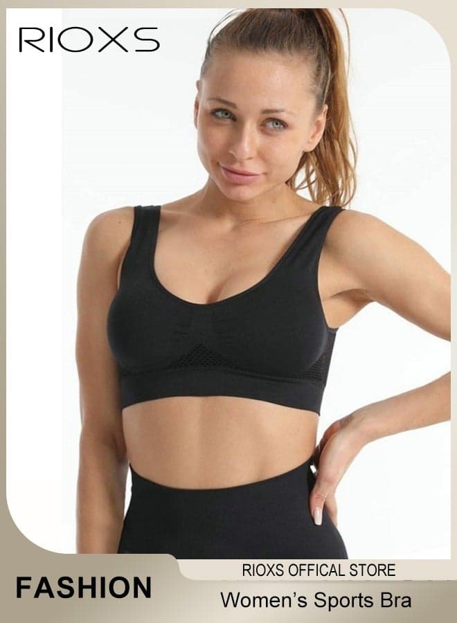 Women's Sports Bra, Wireless Breathable Hollow Out Mesh Lingerie for Ladies, Soild Color Seamless Padded Yoga Fitness Bra, Everyday Bras Comfortable Underwear for Sport or Daily Wear, Black
