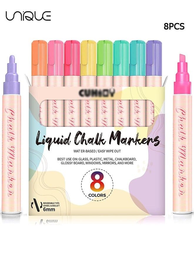 Pastel Chalk Markers for Blackboard, 8 Color Liquid Dry Erase Marker for Chalkboard, Erasable 6mm Reversible Tip Drawing Chalk for Display DIY Glass Kids Painting - Gifts for Artists
