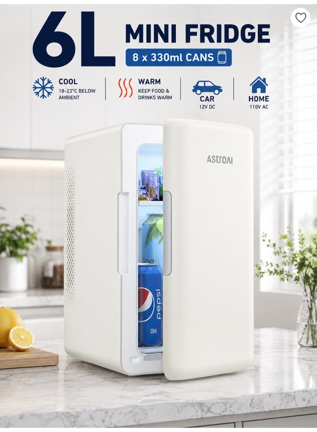 AstroAI 6L Auto Mini Fridge 2.0 Gen | Portable Thermoelectric Cooler & Warmer for Car and Home
