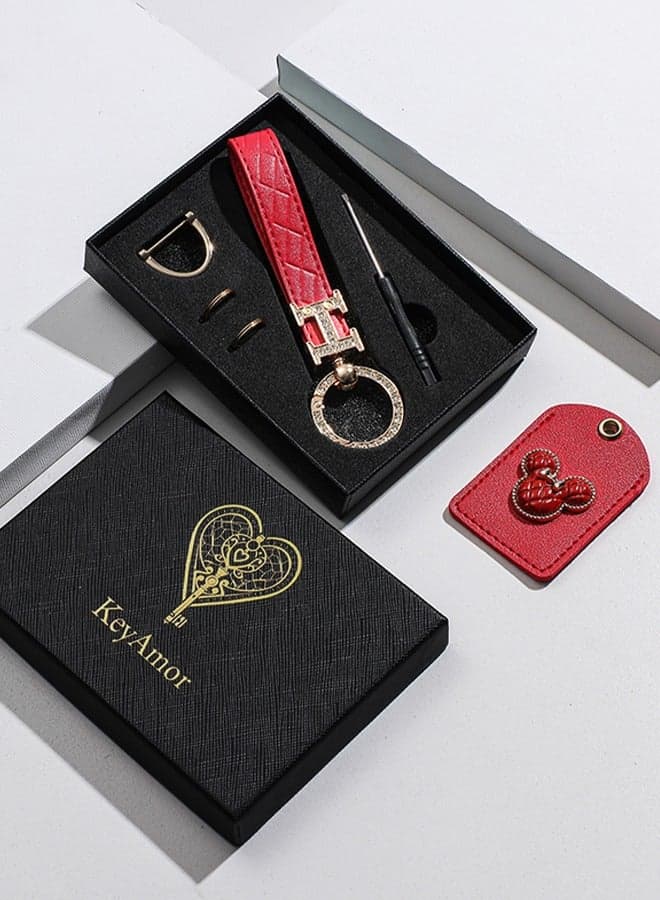 Elegant metal and quilted leather keychain car key holder for adults.Includes a matching AirTag holder. Stylish keychain with golden crystal-accented rings, perfect for women, featuring 3 key rings for added functionality. Made with elegant red leather, offers 360-degree rotation, and comes in a fancy gift box, making it a perfect gift choice.