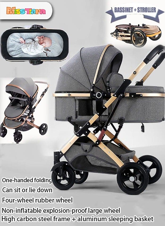 Baby stroller with High view Double push rod Can sit and lie down Lightweight Foldable Four-wheel rubber Strong shock absorption Large Space Durable Suitable for Baby 0-3 years old Travel strollers