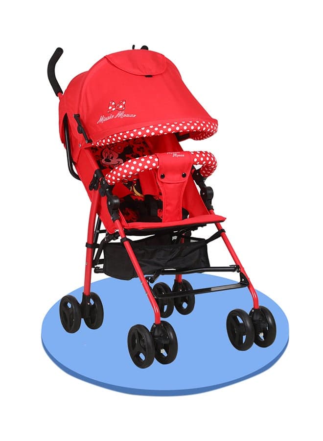 Minnie Mouse Lightweight Adventure Stroller + Storage Cabin 3-36 Months, Compact Design, Shoulder Strap, Adjustable Reclining Seat And More -Red