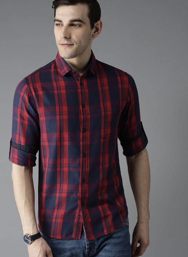Plaid Checked Slim Fit Shirt With Roll Up Sleeves