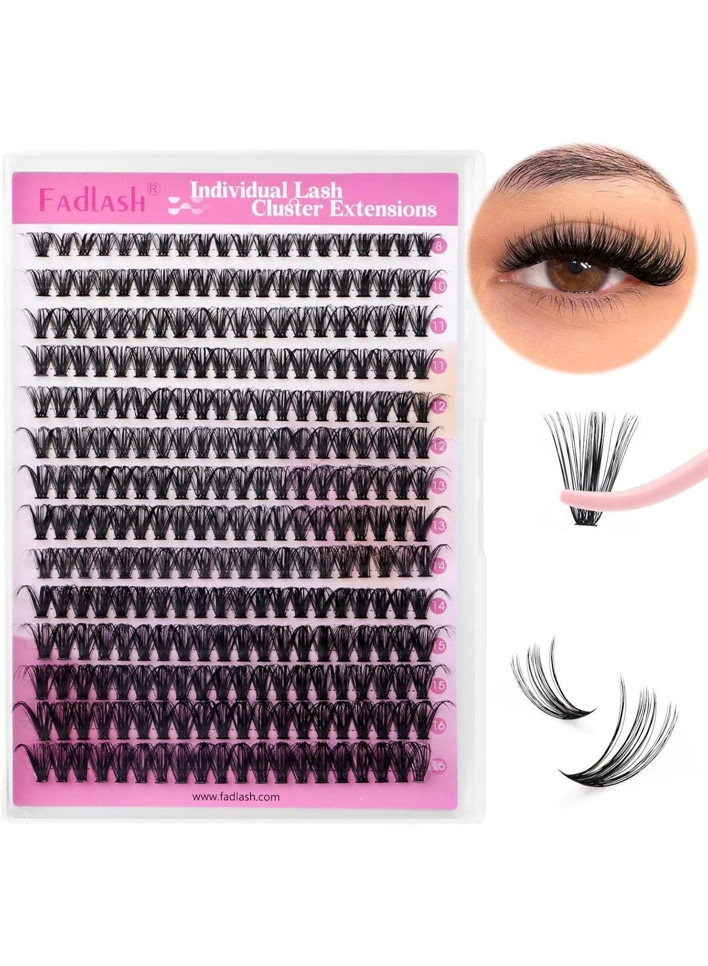 Fadlash DIY Lash Cluster individual Eyeslash Extension Volume Lash Clusters Thick Band Wispy Natural Eyelash Extension,Large Tray (40D-0.07-D, 8-16mm)