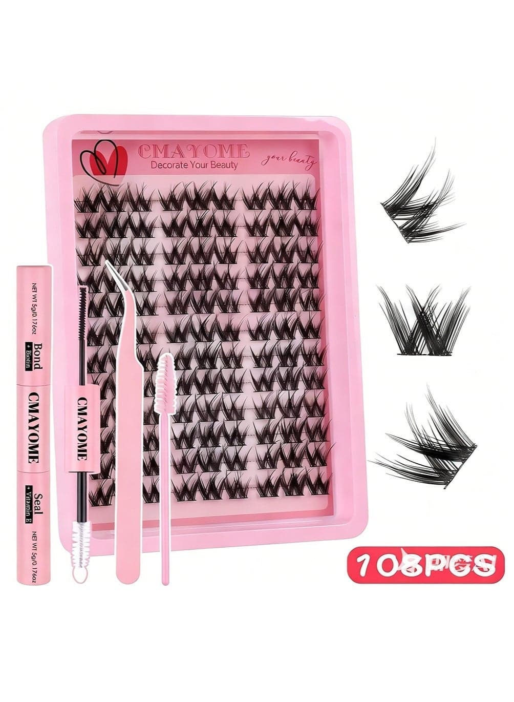 108pcs False Eyelashes With Glue Kit,Individual Lash Clusters With Lash Bond,Eyelash Brush And Tweezers, Eyelash Extension Kit, Easy To Apply At Home.
