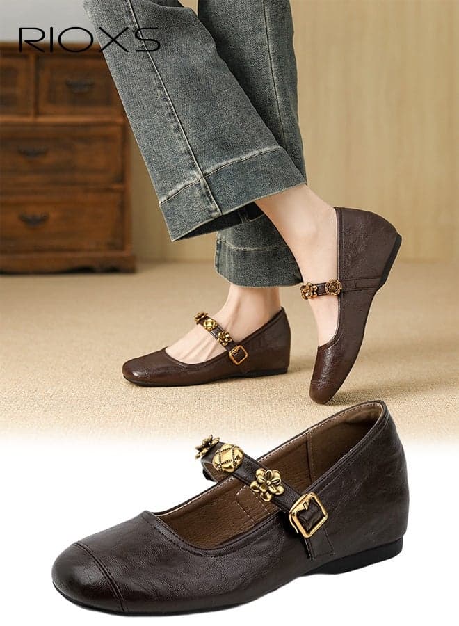 Women's Mary Jane Shoes, Internal Increase Shoes, Retro Style Shoes For Women, Square Toe Dressy Shoes, Ladies Ballet Shoes, Hidden Heel Mary Jane Shoes, Comfortable Shoes For Work/ Party/ Daily Leisure- Bromn Mary Jane Shoes