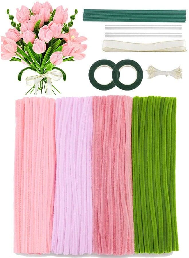 400 Pcs Pipe Cleaners Craft, 4 Assorted Colors Pipe Cleaners Bulk, Chenille Stems for DIY Flower Making Kit with Floral Wires, Gardening Tape,Stamen, Ribbon and Hot Glue Sticks Arts