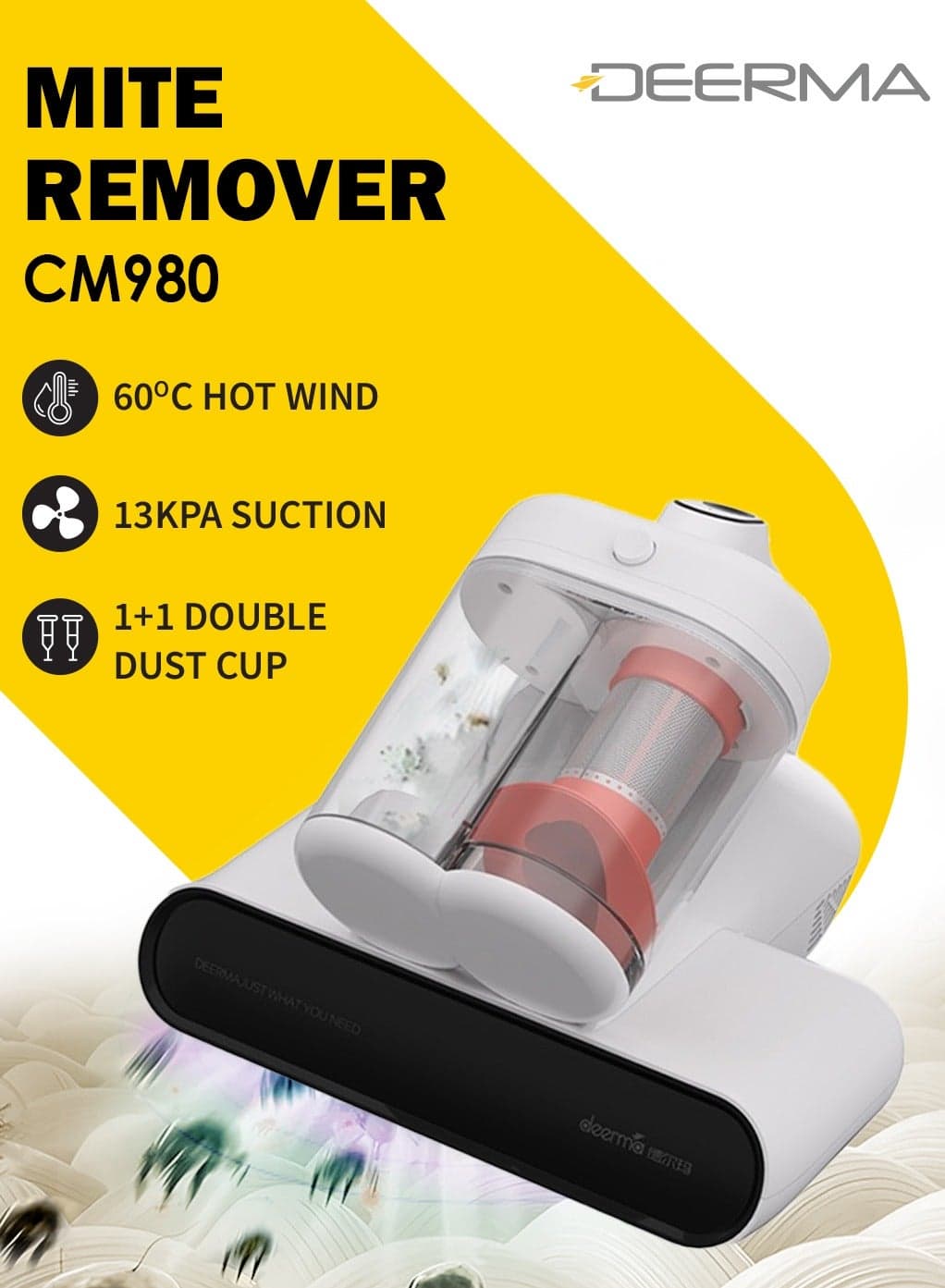 Corded and Double Tube Dust Mite Wireless Vacuum Cleaner 450W With HEPA Filter, UV Light, Motorized Brush Roll and Long Battery for Dust Mites, Allergies, Carpets & Hard to Reach Areas CM980 - White