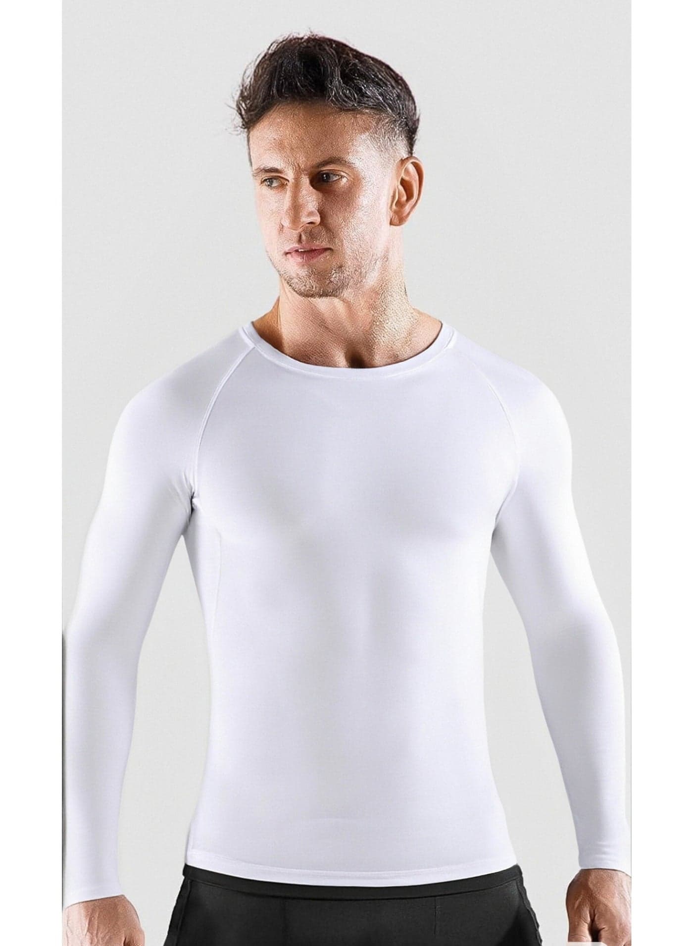 Men's Shapewear Sports Top, Quick-Dry Crew Neck Slim-Fit Long-Sleeve T-Shirt, Body Shaping Undershirt, Abdominal Control Shapewear for Fitness