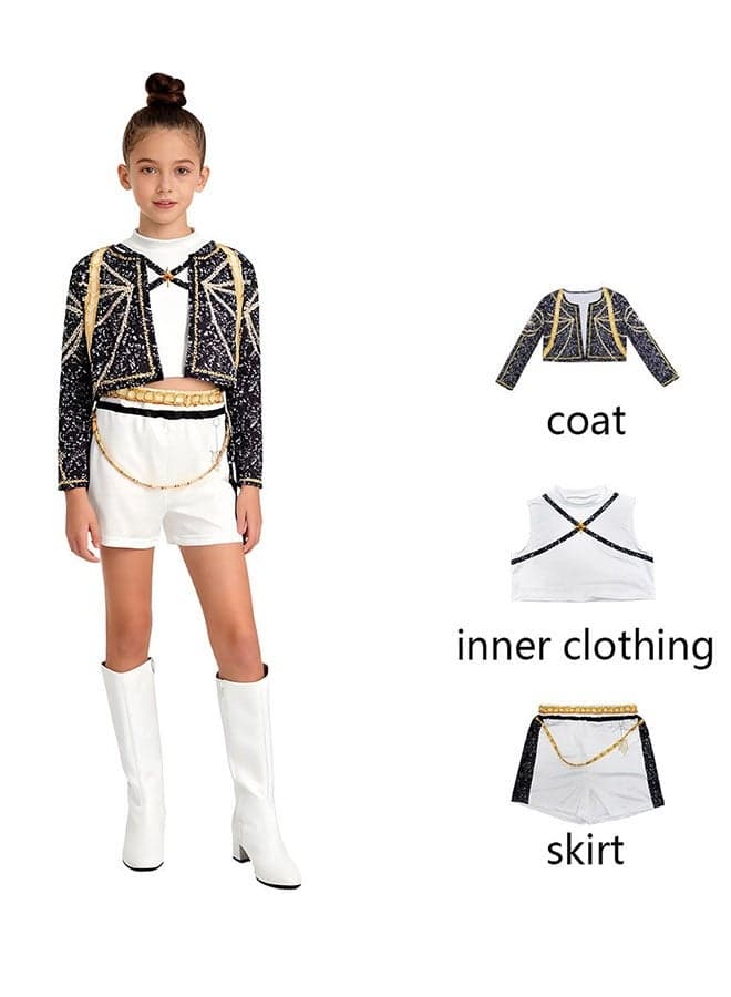3 PCS K-POP Demon Hunter Girl Group Rumi Mira Zoey Cosplay Costume Set, Popular Singer Embroidered Performance Outfit, Girls Dance Stage Performance Clothing Set, Role-Play Party Costume, Suitable For Stage Performances, Theme Parties, Talent Shows And Other Occasions ,For Ages 3-10 Children's Costumes