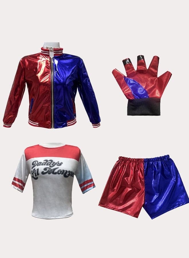 4PCS DC Comics Theme Kids Cosplay Costume Set,Including Jacket ,T-Shirt ,Shorts ,Gloves, Girls Role-Play Costume Outfit, Suitable For Stage Performances, Theme Parties, Talent Shows And Other Occasions, Costume Kit for Adults