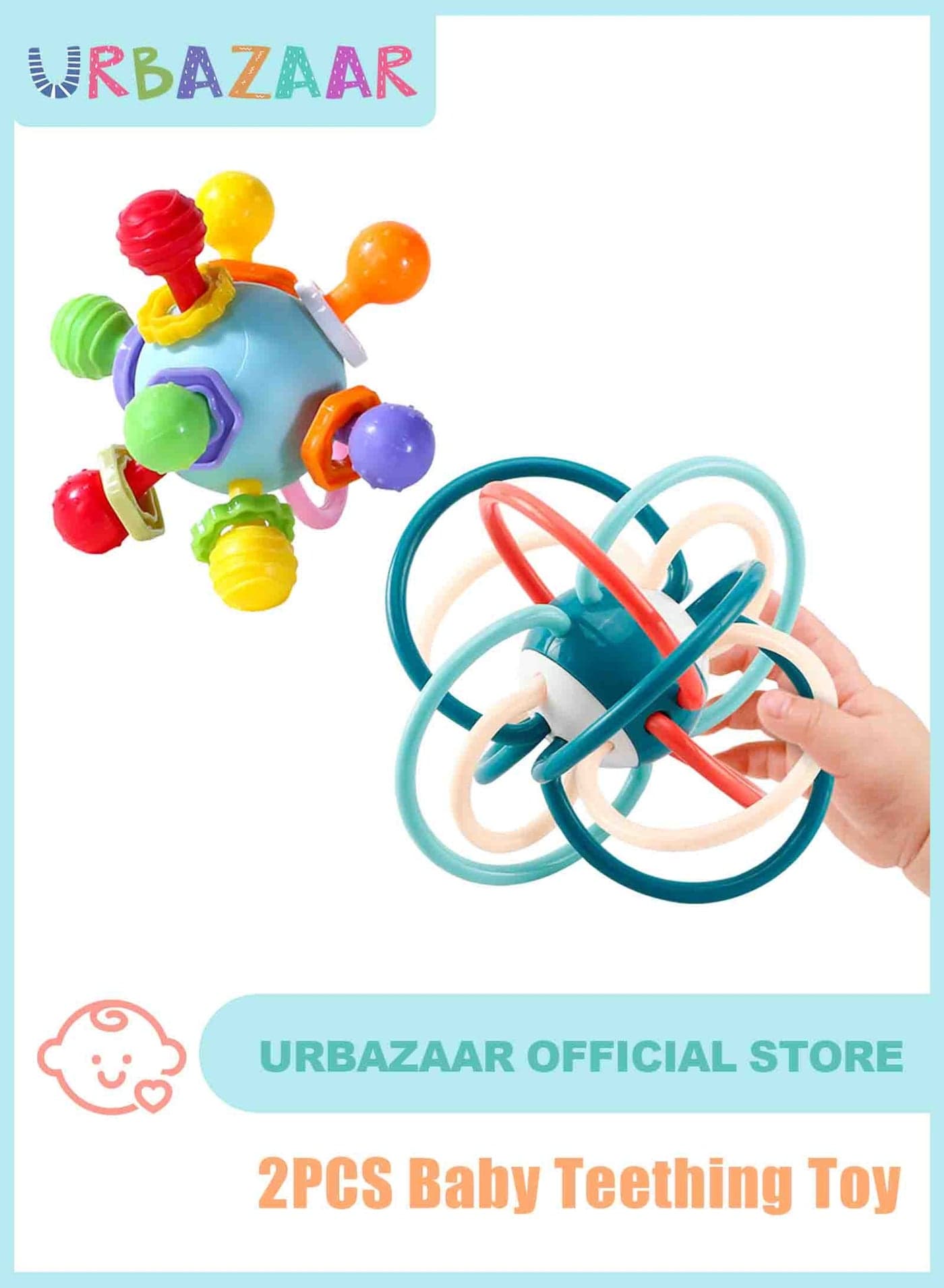 2Pcs Baby Teething Toys, Teething Toys for 0 3 6 9 12 Months Boys Girls, Newborn Baby Toys, Baby Rattles Toys, Sensory Chew Toys, 1 Year Old Baby Shower Gifts