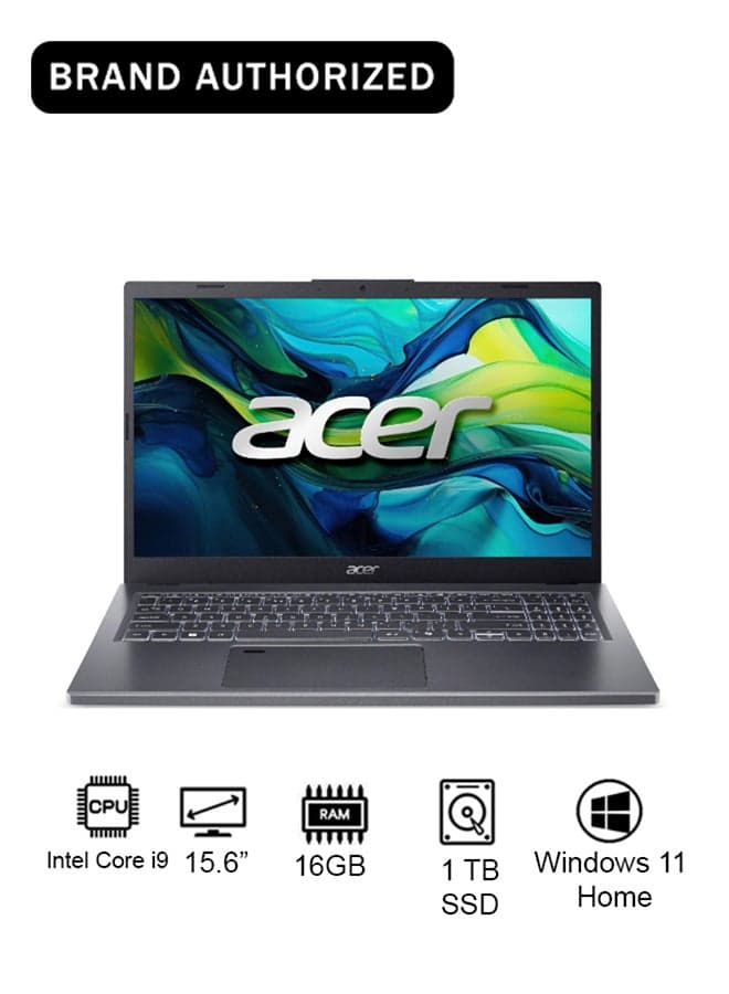 Aspire A15 Laptop 13th Gen Intel Core i9-13900H 14 Cores Upto 5.40GHz/16GB LPDDR5 RAM/1TB SSD Storage/Intel Iris XE Graphics/15.6" FHD IPS SlimBezel display/Win11 Home/WiFi-6E/Backlit KB/FingerPrint/ English/Arabic Keyboard English/Arabic Steel Gray