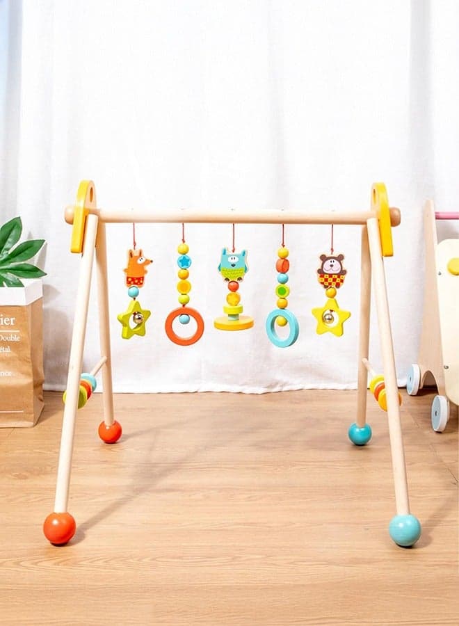 Baby Play Gym Wooden Baby Gym with 5 Infant Activity Toys,Foldable Baby Play Gym,Toddler Activity Center with Pull Ring,Wood Gyms for Newborn Gift for Girl & Boy
