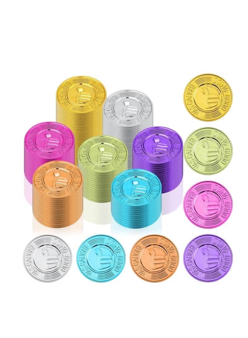 100 Pieces Colorful Coin, Caught being Good Coins, Kids Behavior Tokens, Classroom Behavior Incentives Coin, Reward Tokens Smile Face Coin for Kids, Ideal School Reward (Thumb)