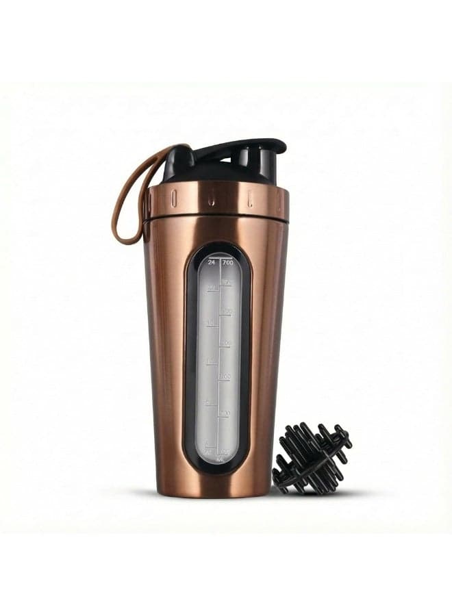 Bronze Stainless Steel Protein Shaker Bottle 700ml – Leak-Proof Gym Shaker with Mixing Ball & Measurement Window – 304 Stainless Steel