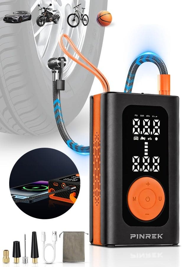 Car Tyre Inflator Portable Air Compressor,Cordless Electric Tire Inflator with 4000mAh/14.8Wh/7.4V Battery Power Bank/Auto Stop/SOS LED Light/LCD Digital Dual Display/Lanyard,150 PSI Cycle Air Pump for Car,Motorcycle,Bicycle,Ball