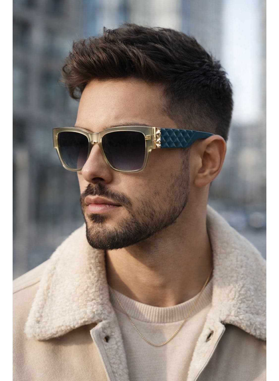 Luxury Square Frame Sunglasses for Men – Gradient Lens UV400 Protection | Premium Textured Temple Design – Green & Gold