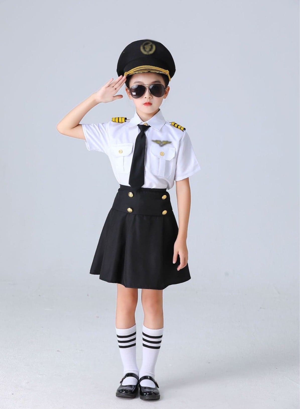 Airline Crew Uniform - Career Day Dress-Up for Kids (Set includes: Short-sleeve top + Skirt + Socks + Sunglasses + Hat + Tie + Epaulet & Badge) -Size: 120cm