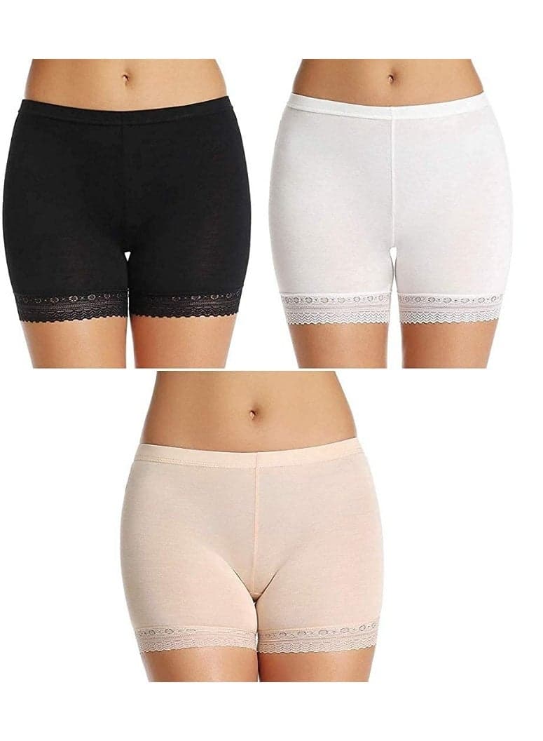 Women's/Girl's Cotton Lycra Shorts with Lace Trim Cycling Shorts/Safety Shorts/Under Skirt Shorts/Night Shorts, Black/Beige/White, Pack Of 3