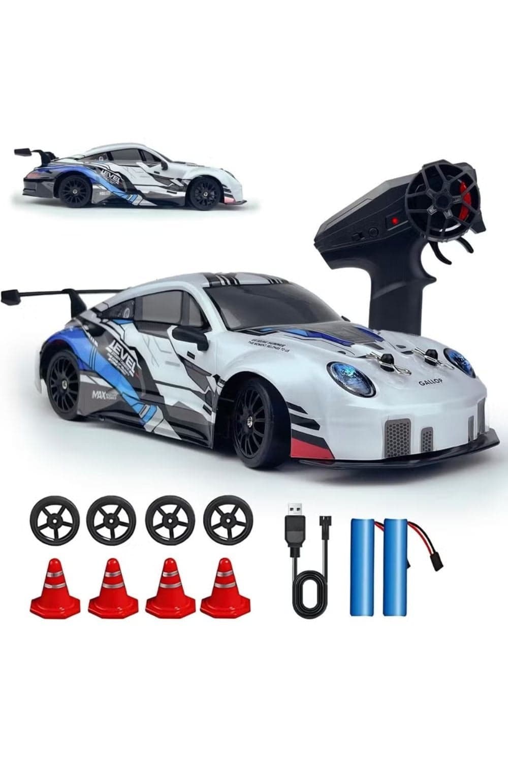 RC Drift Car 2.4GHz 1:24 Scale 4WD High Speed Remote Control Car with LED Lights, 2 Batteries, Drift & Racing Tires, Barricades – Classic Design RC Vehicle for Racing & Drifting