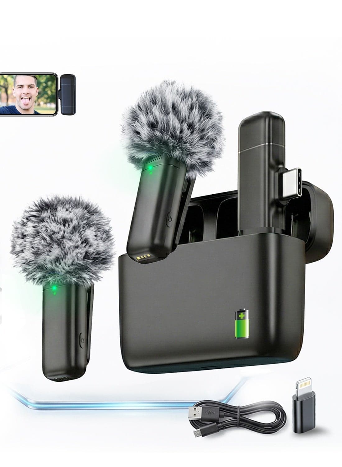 Wireless lavalier microphone for Type-C mobile phones, USB-C iPhone 15 charging case, noise-cancelling mini lavalier microphone, clip-on microphone for video recording, streaming singing