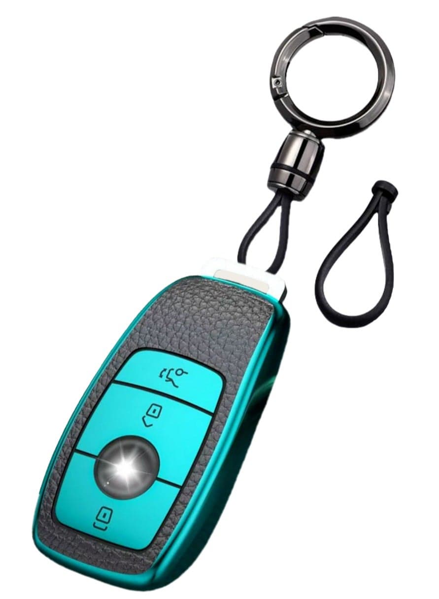 OUYoo Car Key Case Suitable for Mercedes Benz, Key Case Cover for E Class 2017 S Class 2018 TPU Silicone Leather Texture Protective Case,Bring a key chain.(Green)