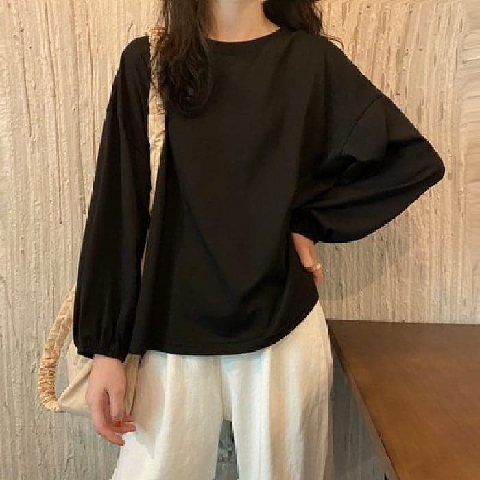 Sleeve Spring and Autumn Base Shirt New Spring and Autumn Womens Base Shirt Lantern Sleeve Top Long Sleeve T-Shirt Womens T-shirt Black Black
