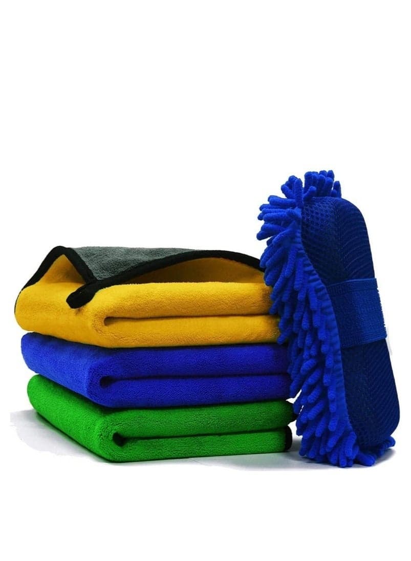 Car Towel Microfiber Cleaning Cloth Pack of 3 with Washing Sponge- Multipurpose Towel for Washing Drying Dusting