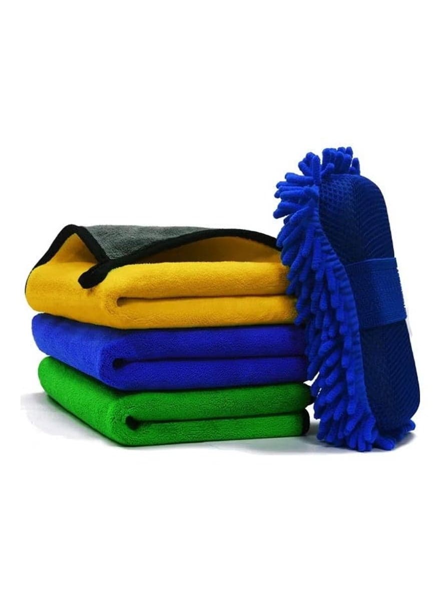 Car Towel Microfiber Cleaning Cloth Pack of 3 with Washing Sponge- Multipurpose Towel for Washing Drying Dusting