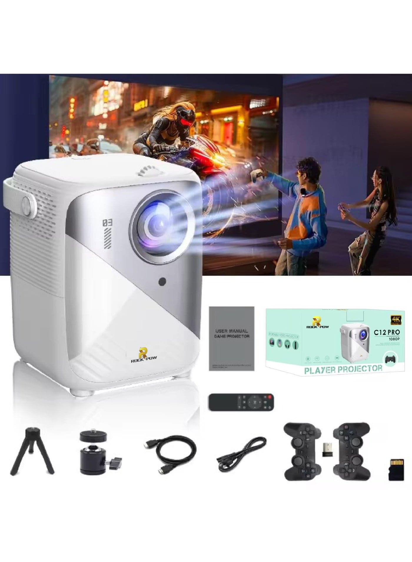 Game Console 4K HD Video, Classic 64GB Retro TV 10000 Game,Game Projector 2 in 1 Professional Chip, Portable Projector With Wireless Controller Gamepad, 2.4G /5G WiFi BT 5.0 Support 4K 130-inch screen 180° Rotation Hi-Fi Speaker Portable Size 50-100% Zoom