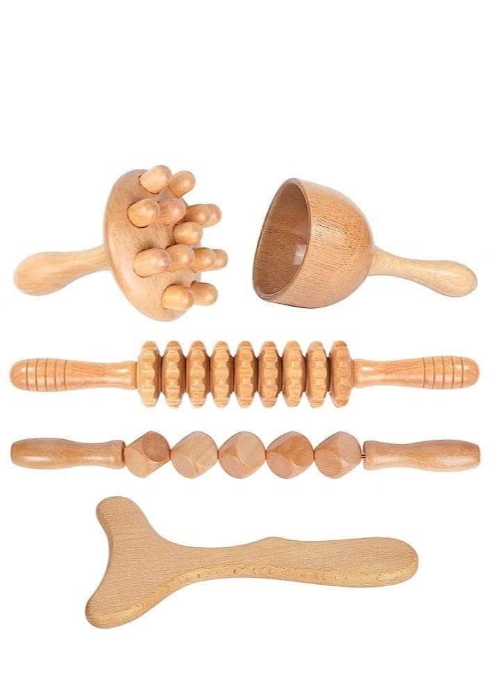 5 in 1 Wood Therapy Massage Tools Professional Maderoterapia Kit Body Sculpting Tools for Lymphatic Drainage and Anti-Cellulite Wood Massager Roller Rpoe for Back and Muscle Pain Relief