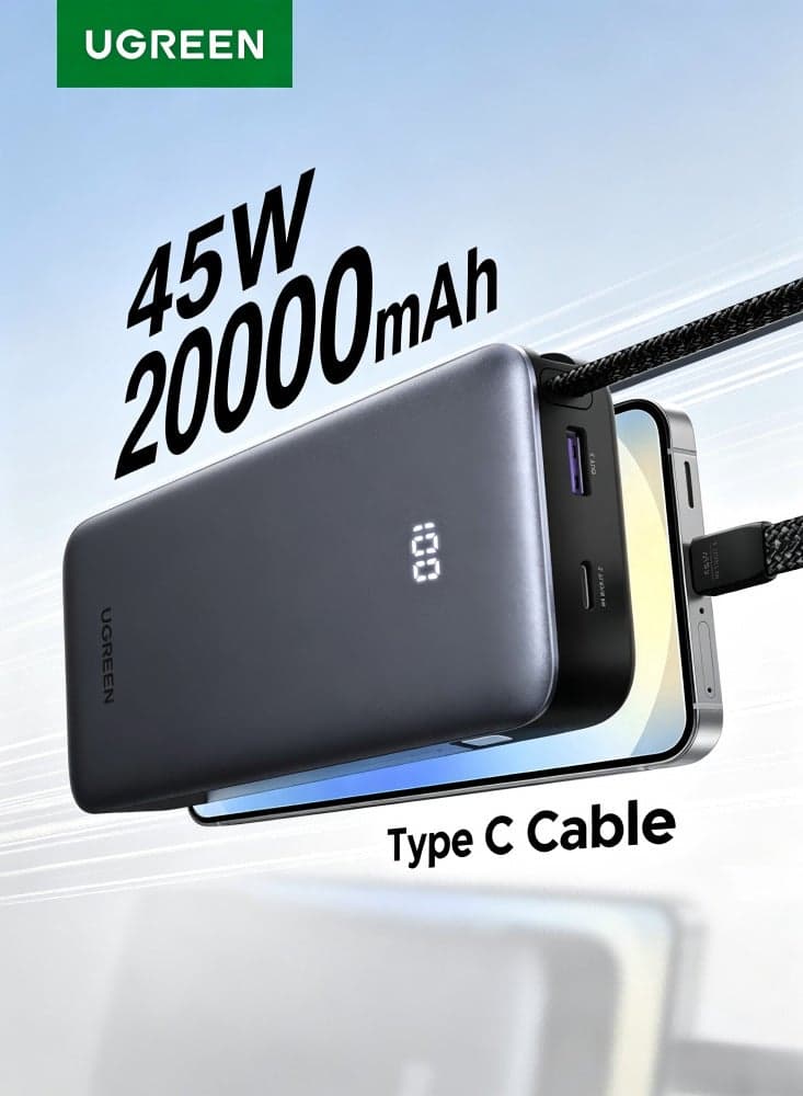 20000mAh 45W Power Bank Built-in Type C Cable Fast Charging Portable Charger, Battery Pack With LED Display Bidirectional Charging Compatible with Samsung S26/S25 Ultra, iPhone 17/16 Pro Max, iPad 20000mah 45W with cable