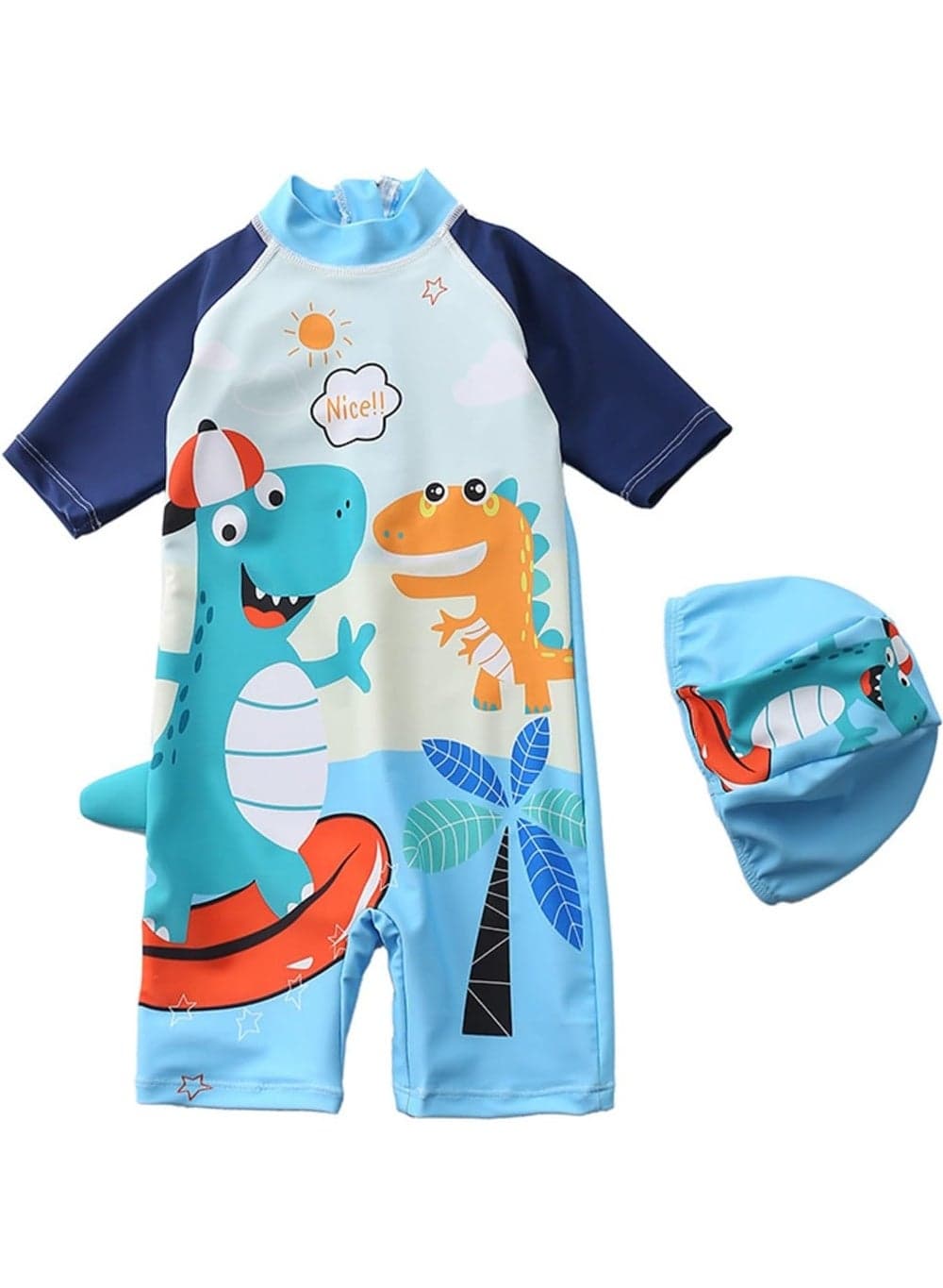 Boys Swimming Costume Set, Toddler Boys Swimsuit Cute Dinosaur Print Short Sleeve Zipper Rash Guard with Hat Infant Bathing Suit Sun Protection