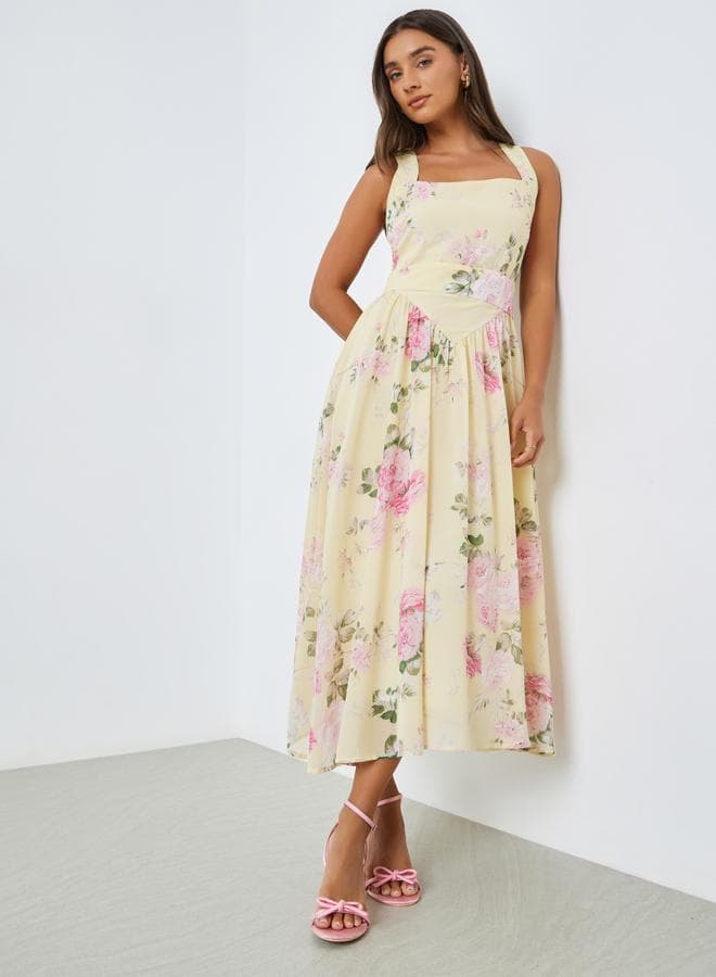 Yellow Floral Sleeveless A-Line Midi Dress