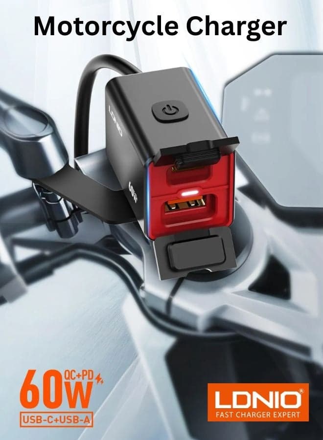 Motorcycle Mobile Charger Dual USB Port 30W USB-A 30W USB-C Wired Fast Charging Take Power from Battery, Motorcycle Car Charger, Waterproof Design