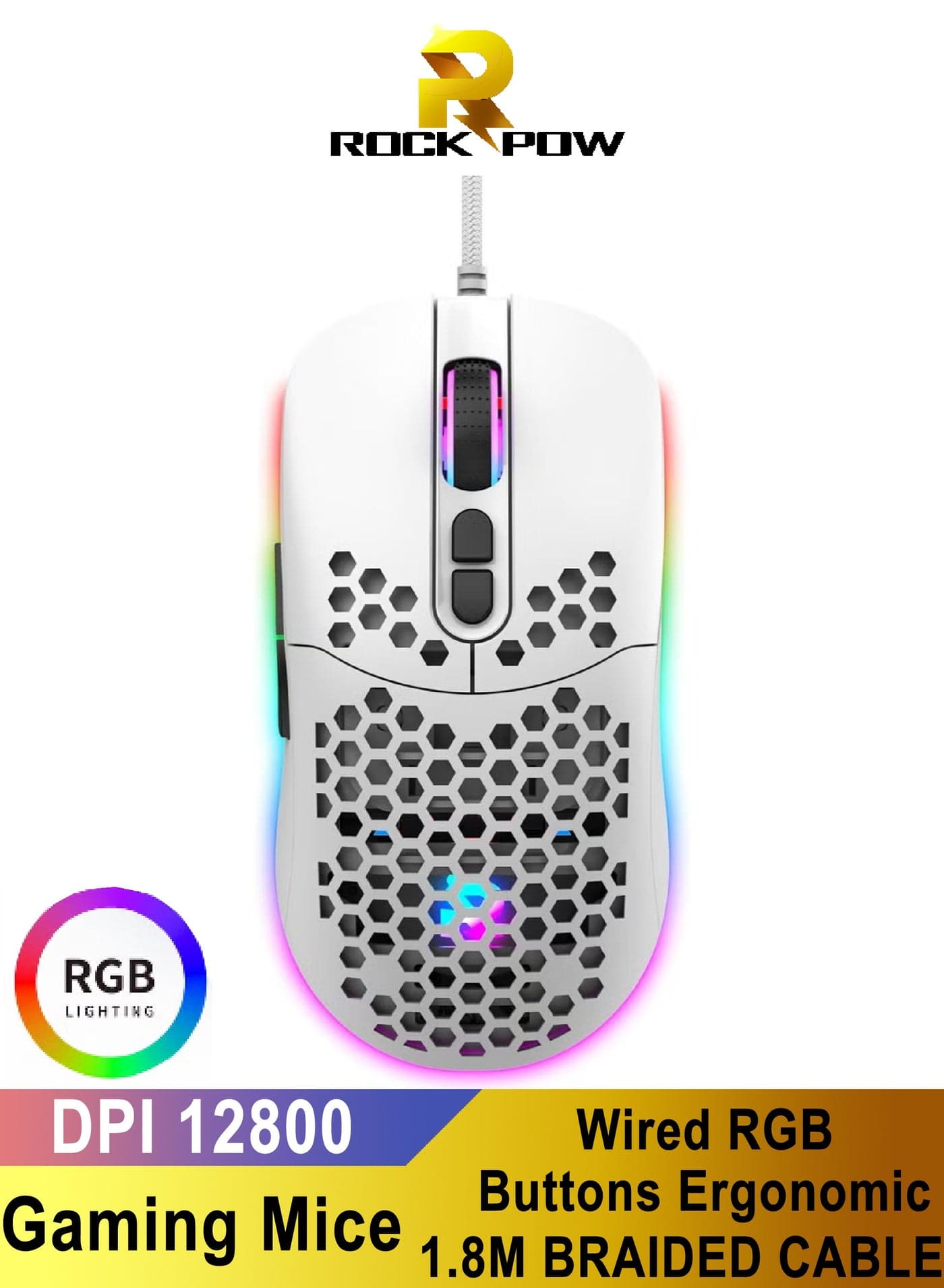 ROCK POW Honeycomb Gaming Mouse Ultralight High-Precision 12800 DPI Optical Sensor 6 Programmable Buttons Ergonomic Wired RGB Gaming Mice for Mac, Laptop, Computer, PC White