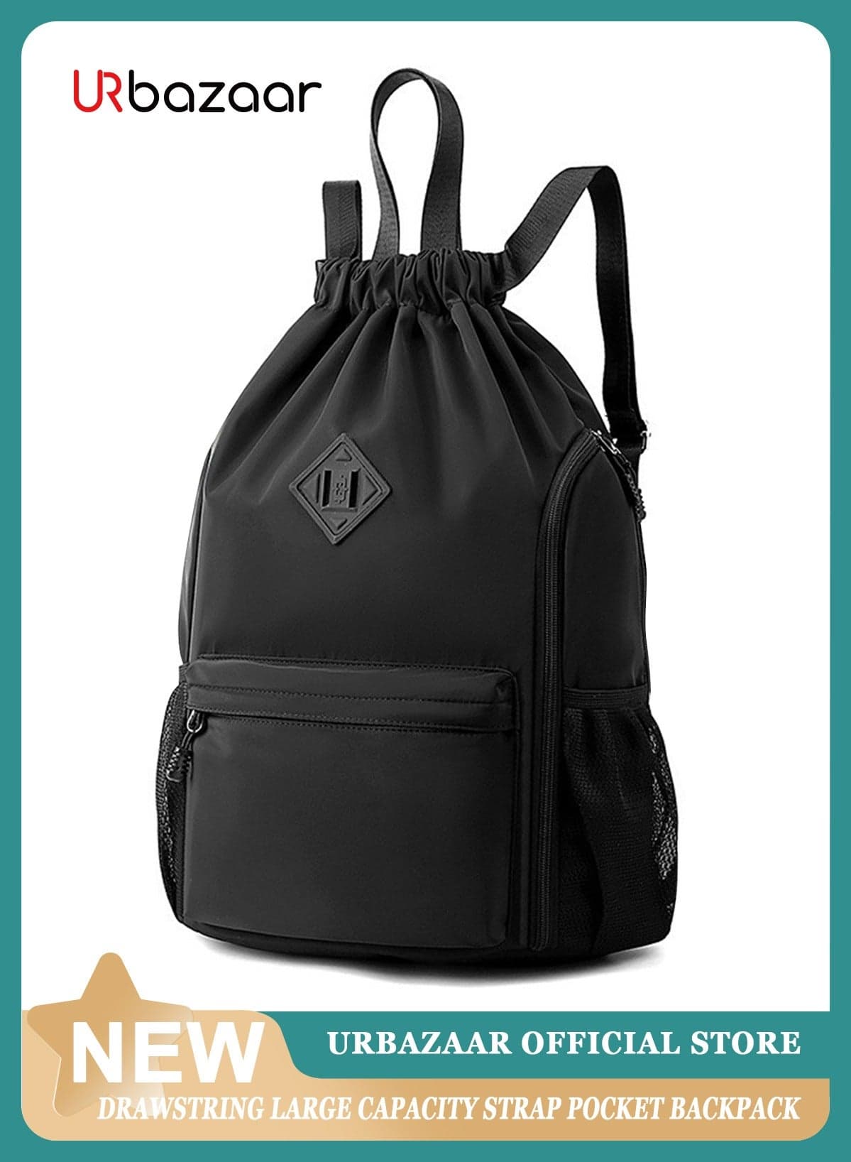 Drawstring Backpack Sports Gym Bag, Nylon Draw Backpack Large Size with Zipper and Front Rear Pocket, Water Resistant String Sackpack for School Swimming Travel Women Men