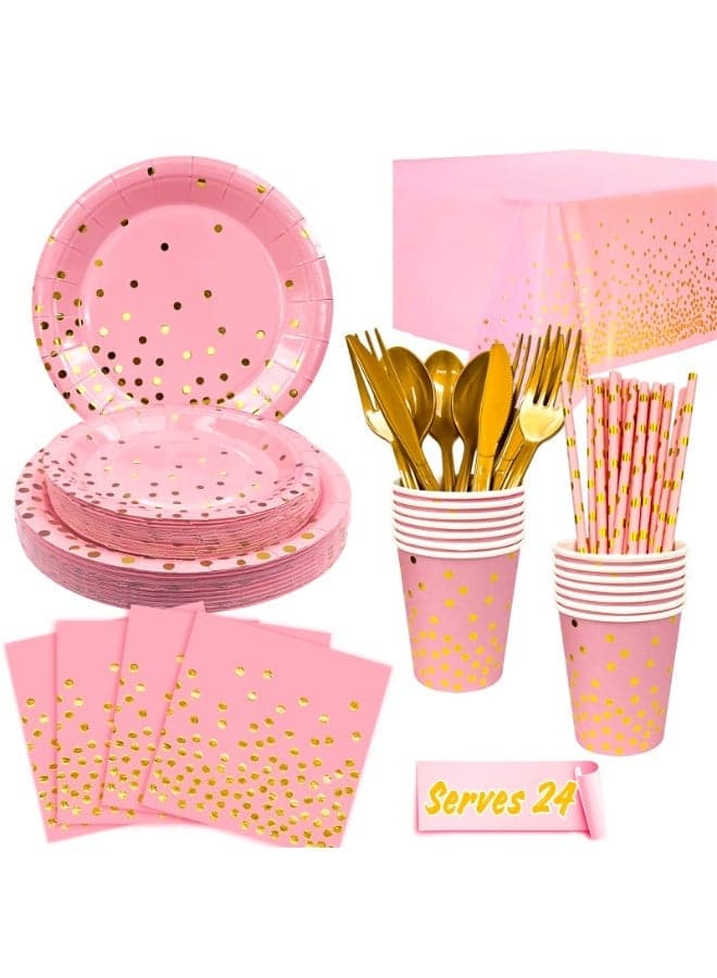 Pink Party Disposable Tableware for 24 Guests, 193pcs Pink and Gold Birthday Dinnerware Set Polka Dot Party Decorations for Graduation, Birthday, Holiday, Wedding