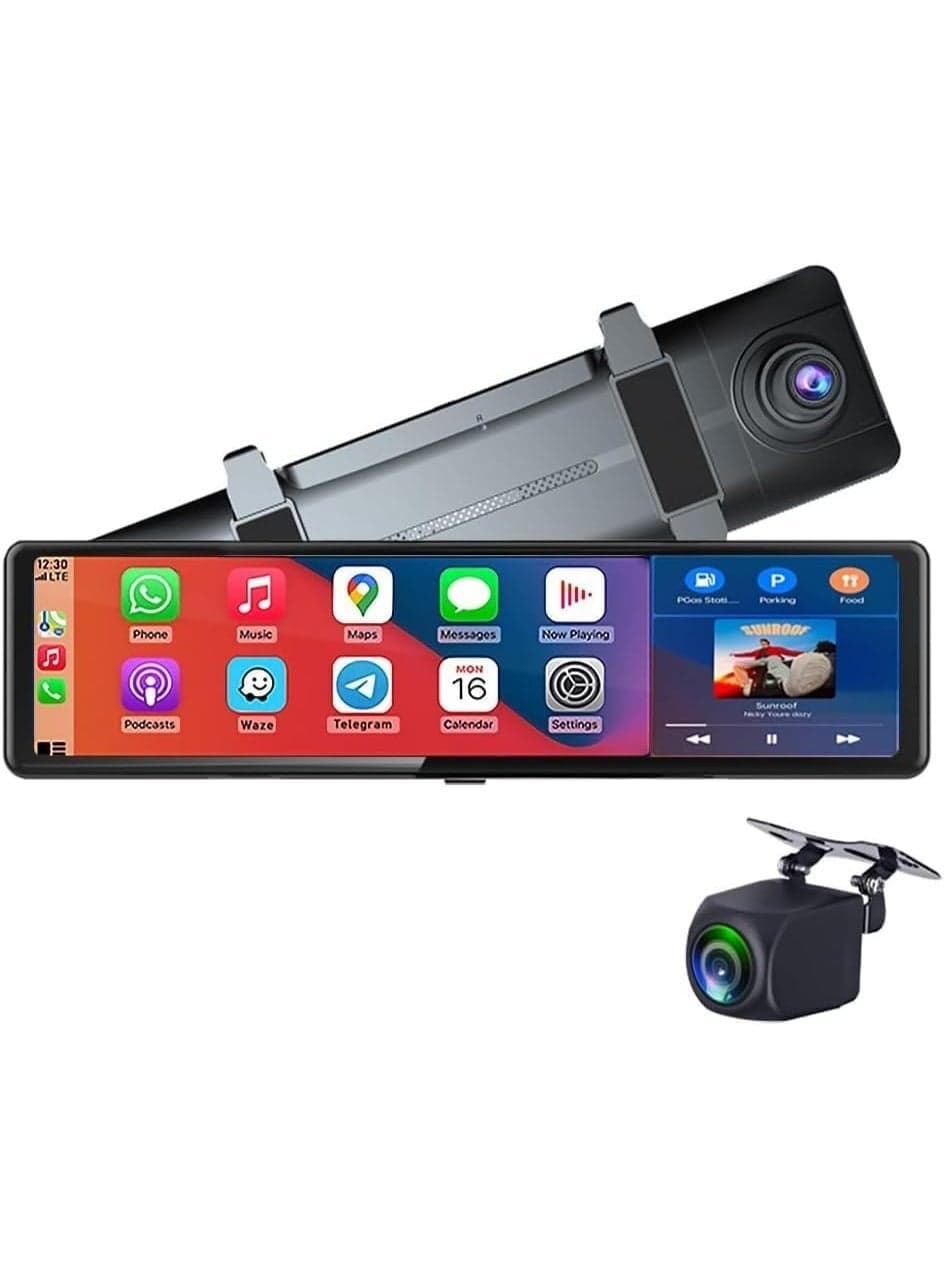 Wireless Carplay Screen 11.26 Inch 4K Rearview Mirror Driving Recorder with Voice Assistant, Airplay, CarPlay & Android Auto, 2 Cameras, Parking Monitor, Compatible with Car (Dual Camera)