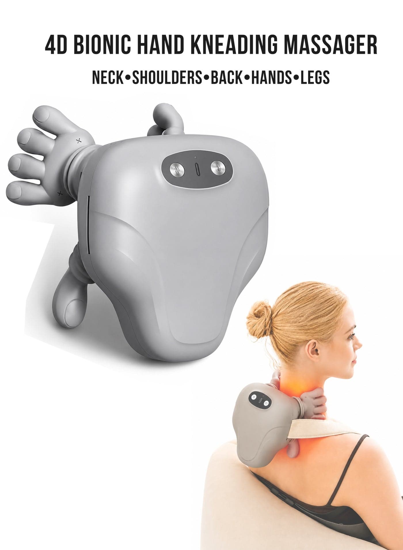 Massager Neck and Shoulder Massager Deep Kneading With Dual Heat Cordless Rechargeable Soft Silicone Heads For Back Arms Legs and Calves Relaxation - Grey