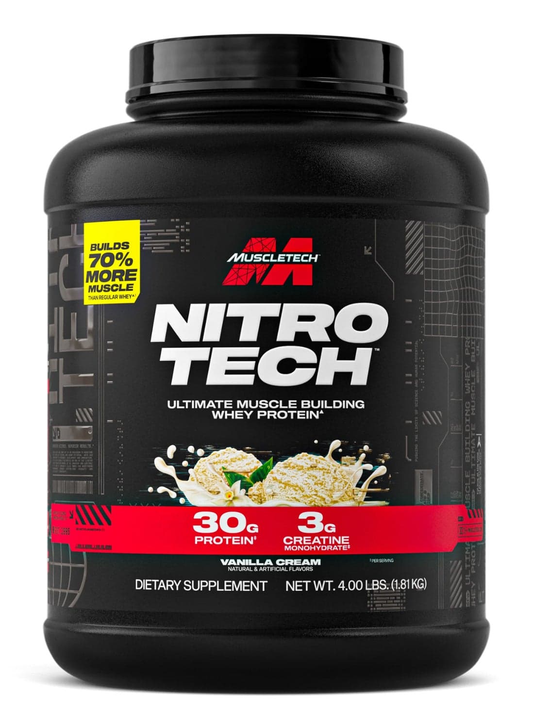 Nitro-Tech Whey Protein Powder, Vanilla Cream Flavor, 30g Protein & 3g Creatine per Serving for Muscle Building & Recovery, Builds 70% More Muscle Than Regular Whey, 4 lbs (1.81 kg).