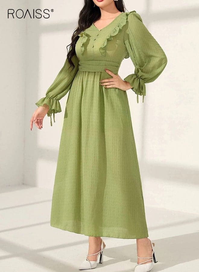Women's V-neck Maxi Dress, Elegant Ruffled Petal Sleeve Tie-Waist Dress, Fitted Waist Party Gown, Evening Gown, Casual Resort A-Line Skirt, Green