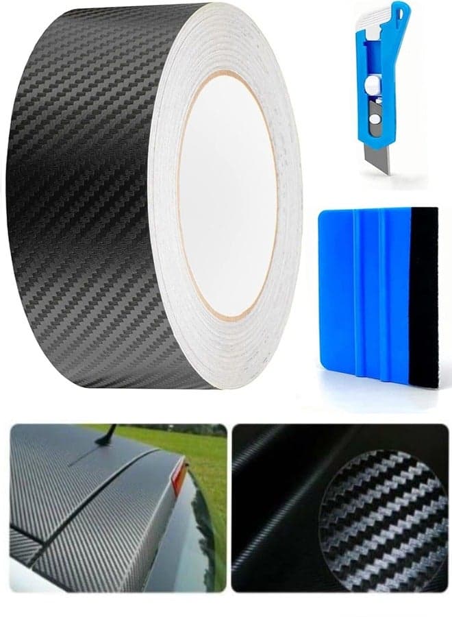 3D Carbon Fiber Car Wrap Roll,Black Carbon Fiber Vinyl Tape Auto Wrapping Film Adhesive Vinyl Wrap for Car DIY Car Waterproof Carbon Film with Felt Squeegee and Utility Knife (2in x 32ft)