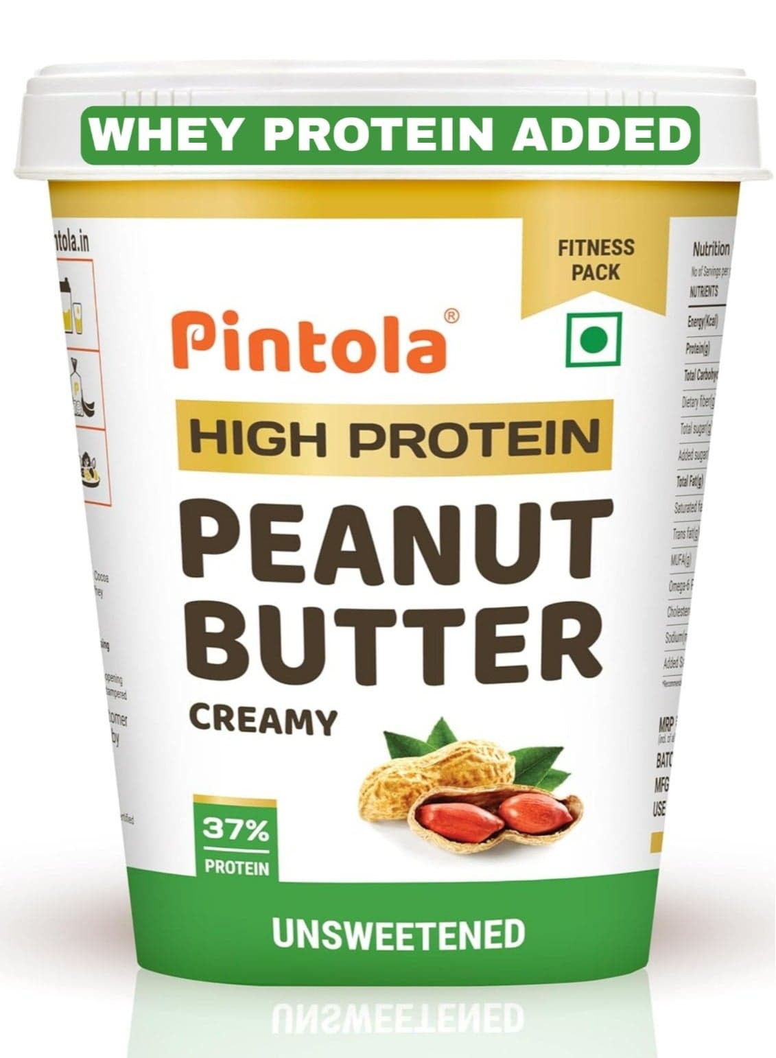 PINTOLA 37% Whey Protein Added Unsweetened Peanut Butter | 510g | 0% Sugar & 100% Roasted Peanuts | No Preservatives & No Artificial Flavours | Natural Oil on Top - Stir Well