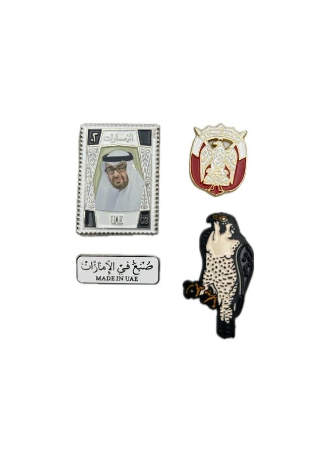 4 pieces of Metal stickers - Sheikh Mohammed bin Zayed logo Abu Dhabi logo and Made in UAE logo and Falcon logo - Premium Quality Metal for Mobile, Laptop, Backpacks and more.